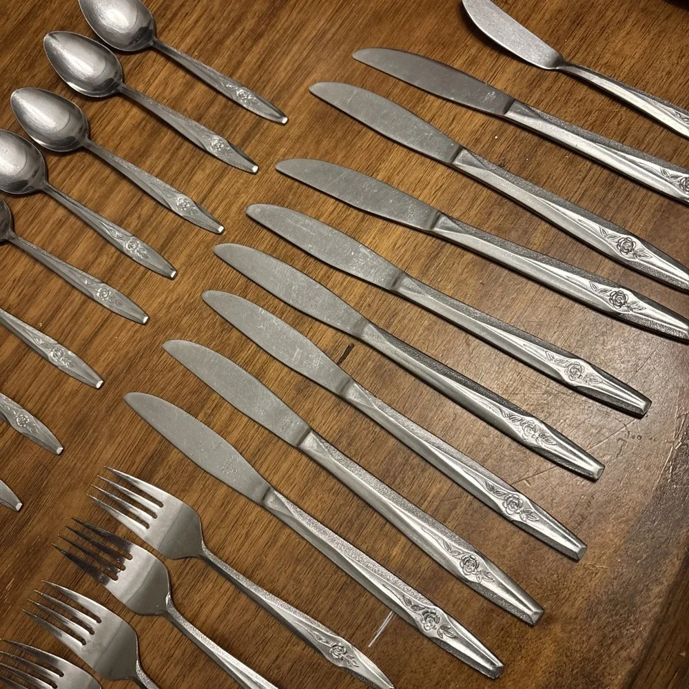 35 Pc. NASCO TEMPTATION Dinner Fork Spoon‎ Knife Stainless Korea Single Rose